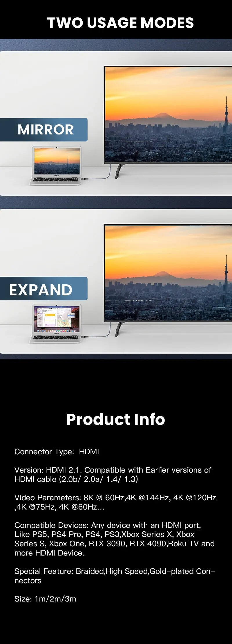 NIERBO HDMI 2.1 Cable HDMI Cord 8K 60Hz 4K 120Hz 48Gbps EARC ARC HDCP Ultra High Speed HDR for HD TV Laptop Projector PS4 PS5