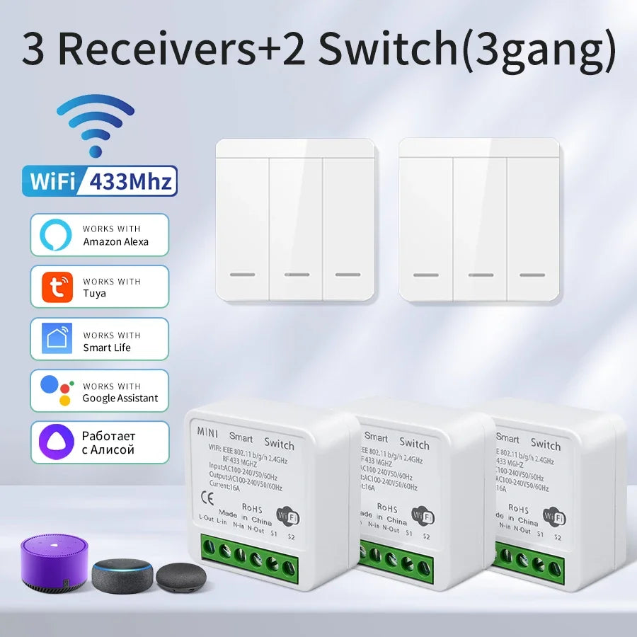 Wifi RF 433MHz Smart Switch Tuya Smart Life Remote Voice Control With Alexa Google Alice Wireless Wall Panel Switch Mini Module
