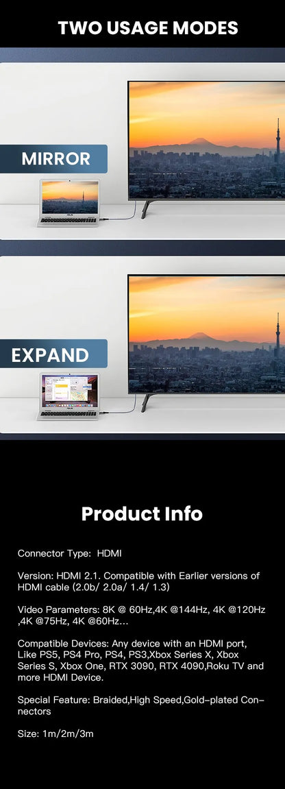 NIERBO HDMI 2.1 Cable HDMI Cord 8K 60Hz 4K 120Hz 48Gbps EARC ARC HDCP Ultra High Speed HDR for HD TV Laptop Projector PS4 PS5