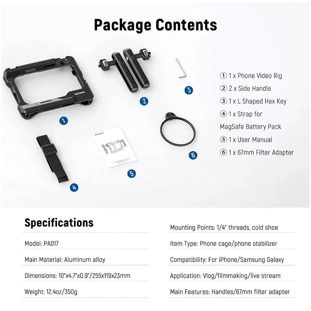 NEEWER PA017 Universal Phone Cage Video Rig Kit with Dual Side Handle 67mm Filter Adapter for iPhone Sumsang Galaxy Huawei Redmi