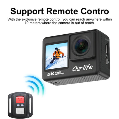 Ourlife 5K30FPS Action Camera 2.0'' Touch LCD 170° DVR 30M Waterproof Remote Control 5X Zoom Helmet WiFi 4K60FPS Sport Camera