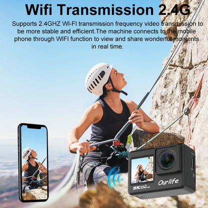 Ourlife 5K30FPS Action Camera 2.0'' Touch LCD 170° DVR 30M Waterproof Remote Control 5X Zoom Helmet WiFi 4K60FPS Sport Camera