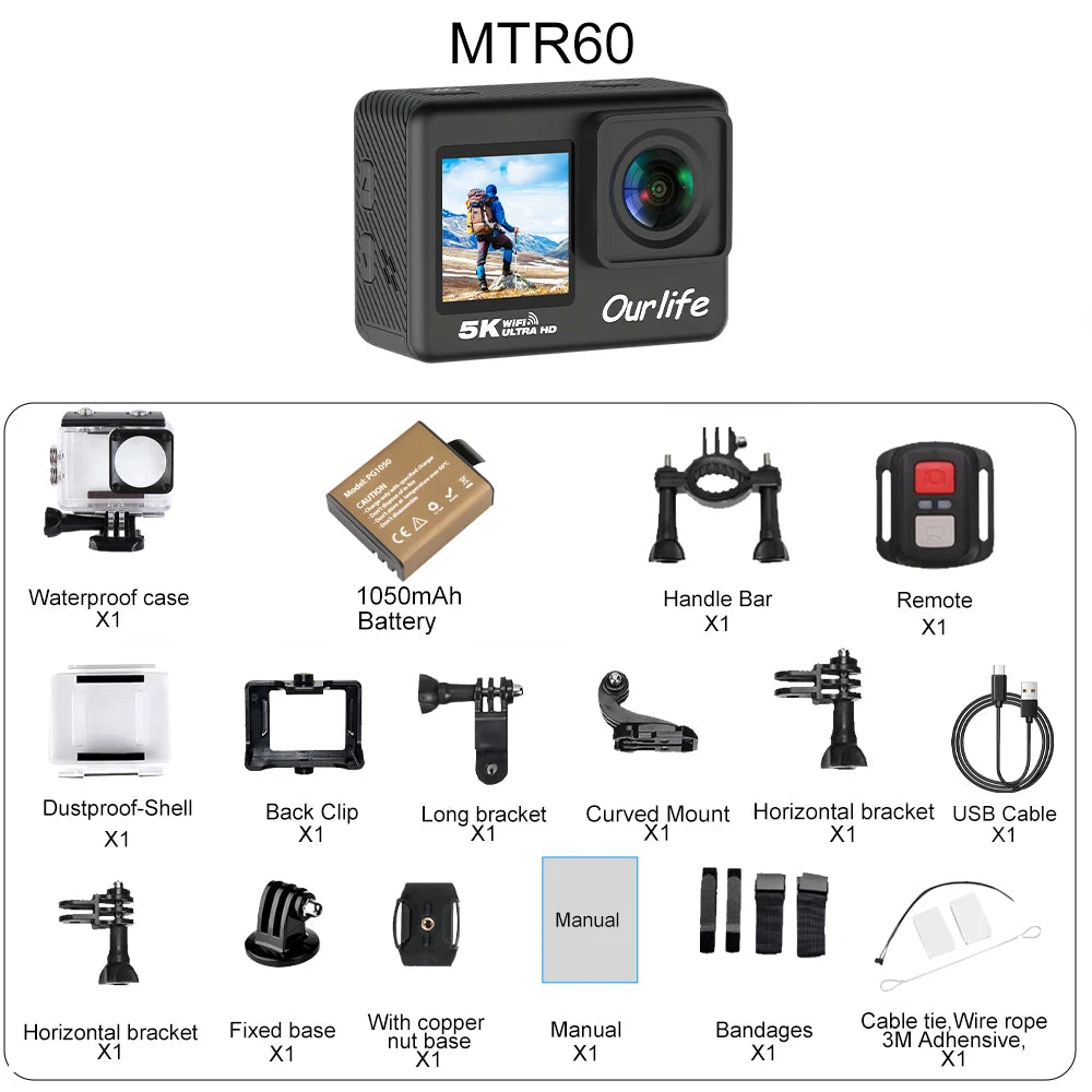 Ourlife 5K30FPS Action Camera 2.0'' Touch LCD 170° DVR 30M Waterproof Remote Control 5X Zoom Helmet WiFi 4K60FPS Sport Camera