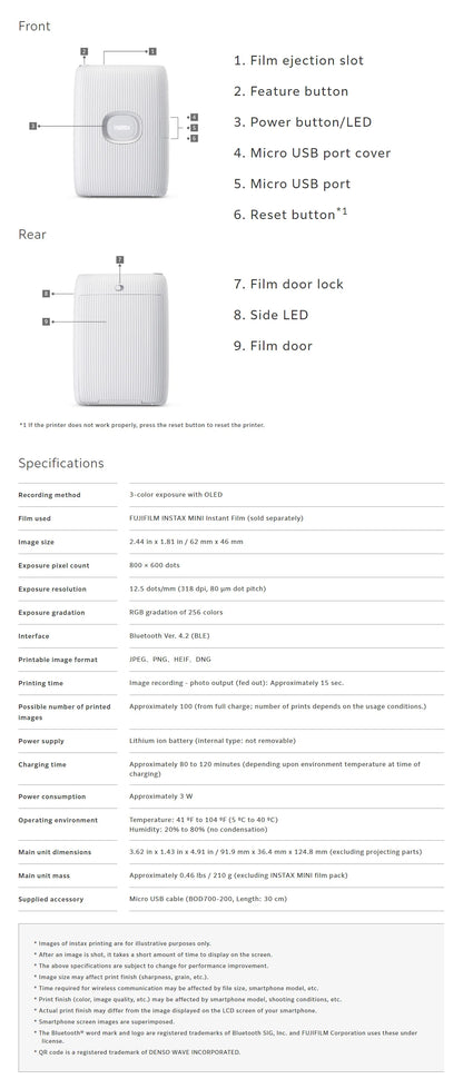 Original Fujifilm Instax Mini Link 2/Link 3 Printer Instax Photo Camera Printers ( 20 / 40 Sheet Instax Mini White Film )