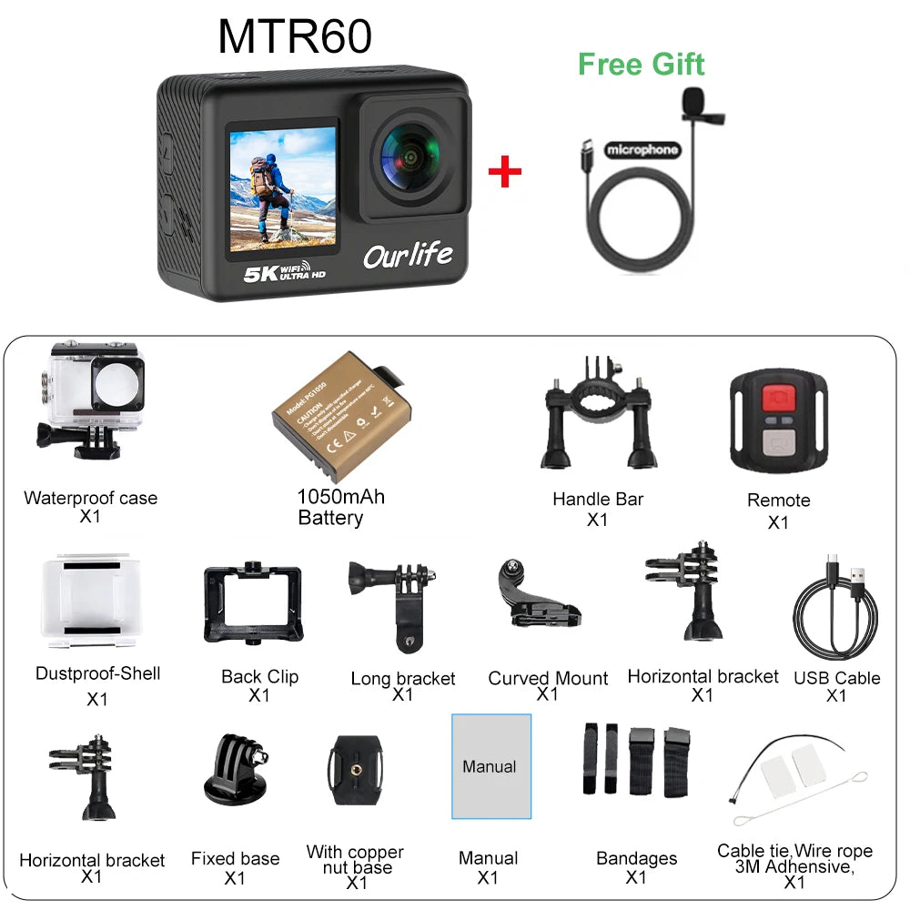 Ourlife 5K30FPS Action Camera 2.0'' Touch LCD 170° DVR 30M Waterproof Remote Control 5X Zoom Helmet WiFi 4K60FPS Sport Camera