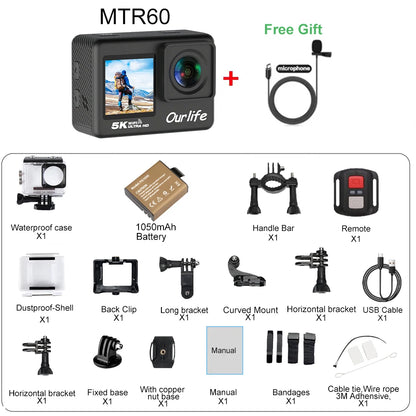 Ourlife 5K30FPS Action Camera 2.0'' Touch LCD 170° DVR 30M Waterproof Remote Control 5X Zoom Helmet WiFi 4K60FPS Sport Camera