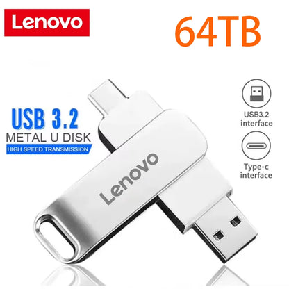 Lenovo 64TB USB 3.2 Pen Drive 16TB 2TB USB Stick High Speed Transfer Metal Portable SSD Pendrive Cle U Disk Flash Drive Memoria
