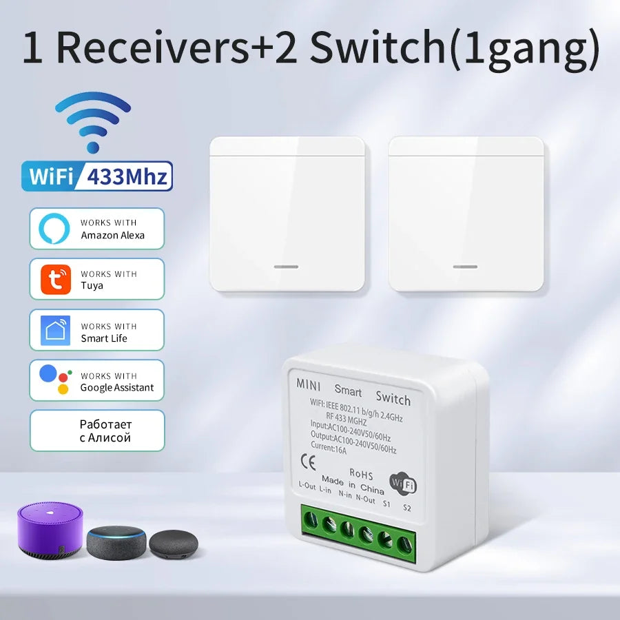 Wifi RF 433MHz Smart Switch Tuya Smart Life Remote Voice Control With Alexa Google Alice Wireless Wall Panel Switch Mini Module