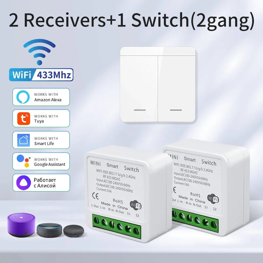 Wifi RF 433MHz Smart Switch Tuya Smart Life Remote Voice Control With Alexa Google Alice Wireless Wall Panel Switch Mini Module