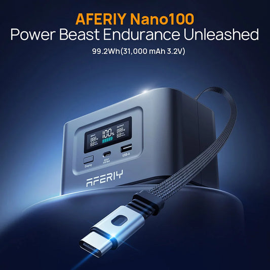 AFERIY Nano100 Portable Power Station, 100W 99.2Wh, Telescopic Type-C Cable, 1.5h Full Charge, 3000+ Cycles LiFePO₄ Battery