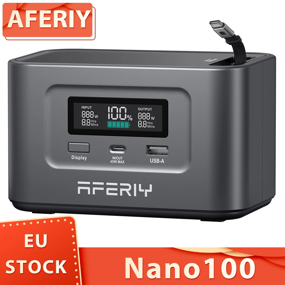 AFERIY Nano100 Portable Power Station, 100W 99.2Wh, Telescopic Type-C Cable, 1.5h Full Charge, 3000+ Cycles LiFePO₄ Battery