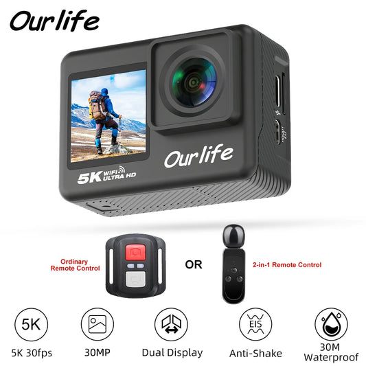 Ourlife 5K30FPS Action Camera 2.0'' Touch LCD 170° DVR 30M Waterproof Remote Control 5X Zoom Helmet WiFi 4K60FPS Sport Camera