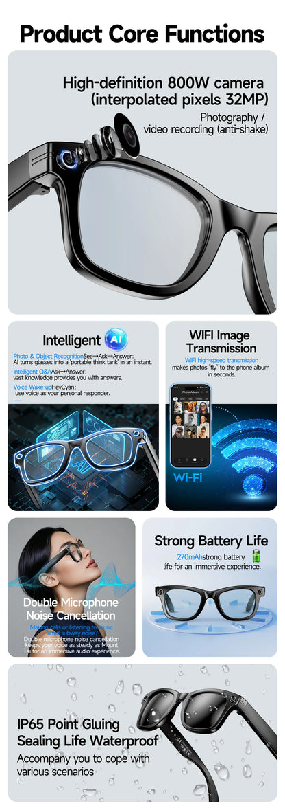 2025 New 800W Camera Glasses Bluetooth Smart Glasses with Camera Voice Call Music Smart Sunglasses Video Sound Record AI Glasses