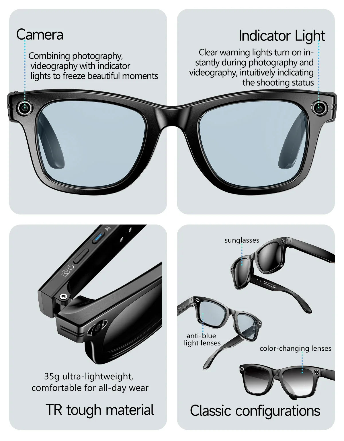 2025 New 800W Camera Glasses Bluetooth Smart Glasses with Camera Voice Call Music Smart Sunglasses Video Sound Record AI Glasses