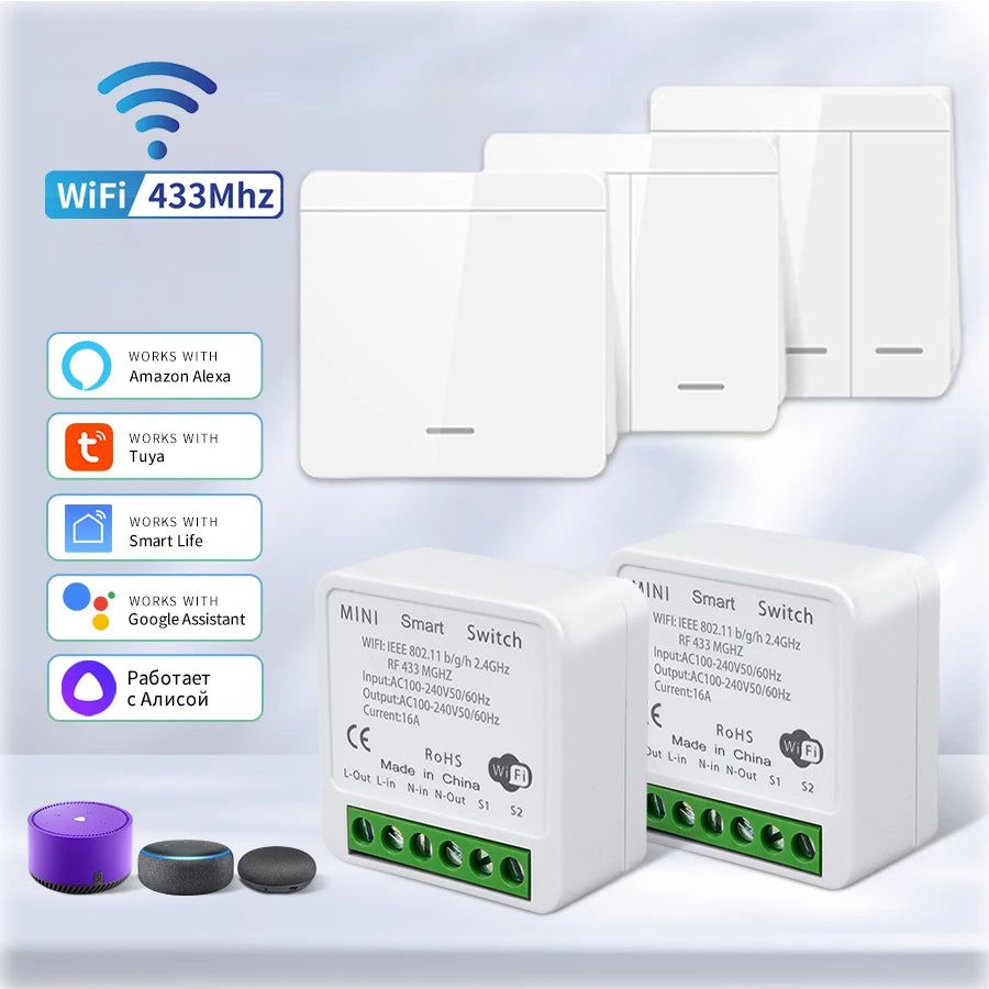 Wifi RF 433MHz Smart Switch Tuya Smart Life Remote Voice Control With Alexa Google Alice Wireless Wall Panel Switch Mini Module
