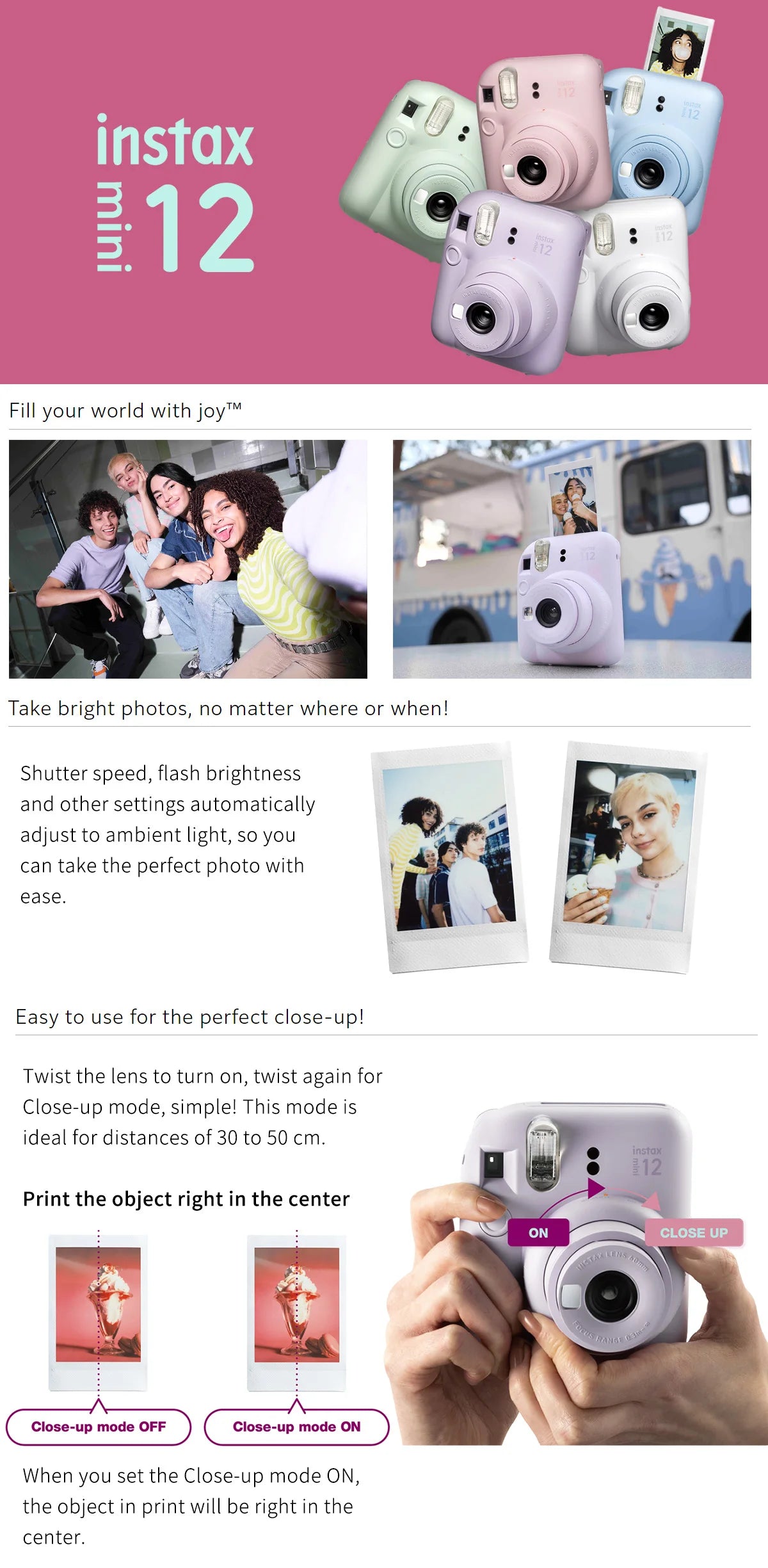 2023 New Fujifilm Instax Mini 12 Instant Camera Blossom Pink / Pastel Blue / Mint Green / Clay White / Lilac Purple 5 Colors