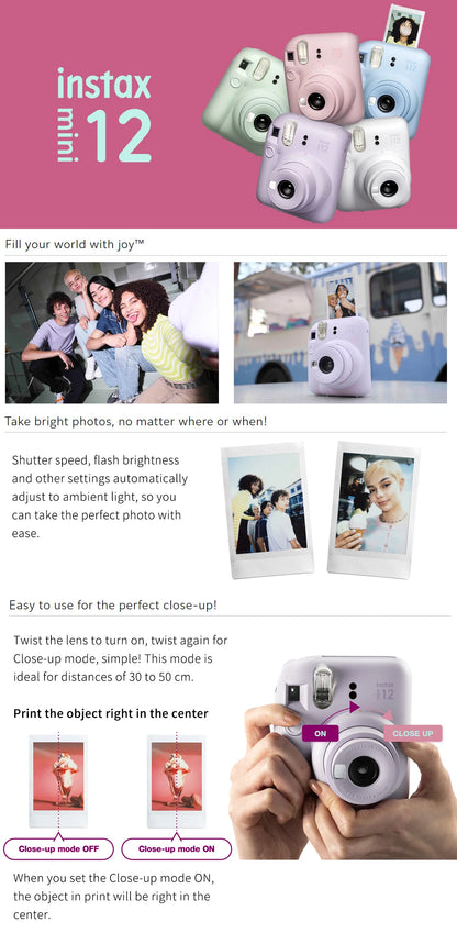 2023 New Fujifilm Instax Mini 12 Instant Camera Blossom Pink / Pastel Blue / Mint Green / Clay White / Lilac Purple 5 Colors