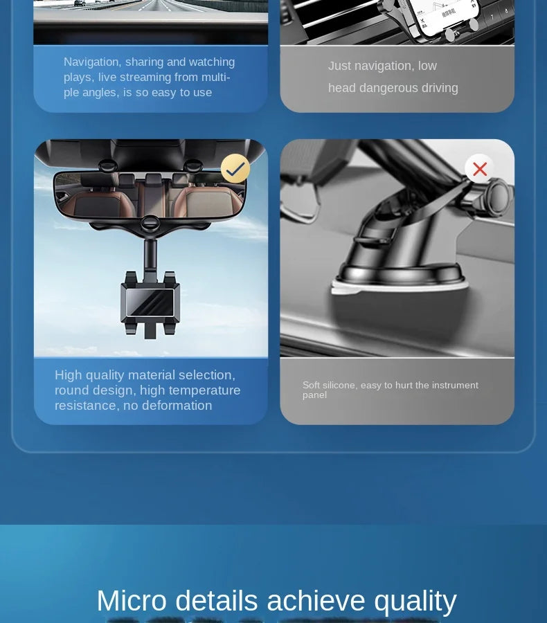 360° Car Rearview Mirror Phone Holder for Car Mount Phone and GPS Holder Support Rotating Adjustable Telescopic Phone Stand