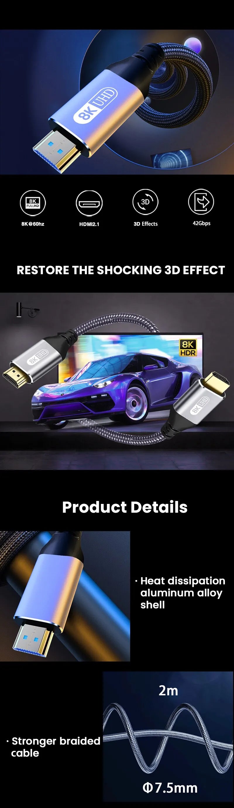 NIERBO HDMI 2.1 Cable HDMI Cord 8K 60Hz 4K 120Hz 48Gbps EARC ARC HDCP Ultra High Speed HDR for HD TV Laptop Projector PS4 PS5