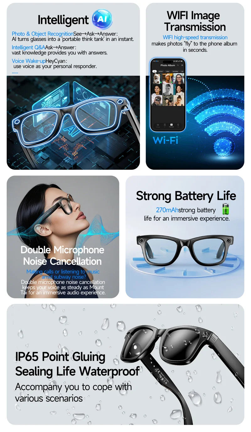 Xiaomi 4K 800W Pixel Smart Glasses AI Cam Recognition Photography Video Record Bluetooth Call Music Playback Voice Wake Up New