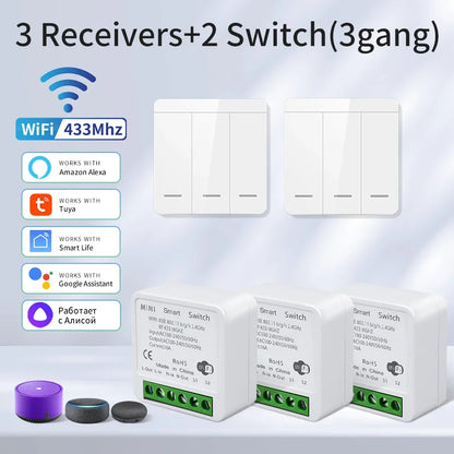 Wifi RF 433MHz Smart Switch Tuya Smart Life Remote Voice Control With Alexa Google Alice Wireless Wall Panel Switch Mini Module