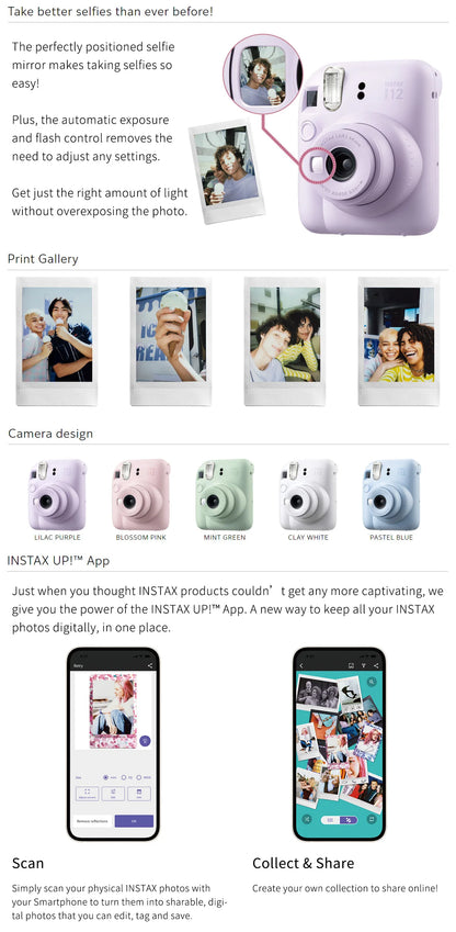 2023 New Fujifilm Instax Mini 12 Instant Camera Blossom Pink / Pastel Blue / Mint Green / Clay White / Lilac Purple 5 Colors
