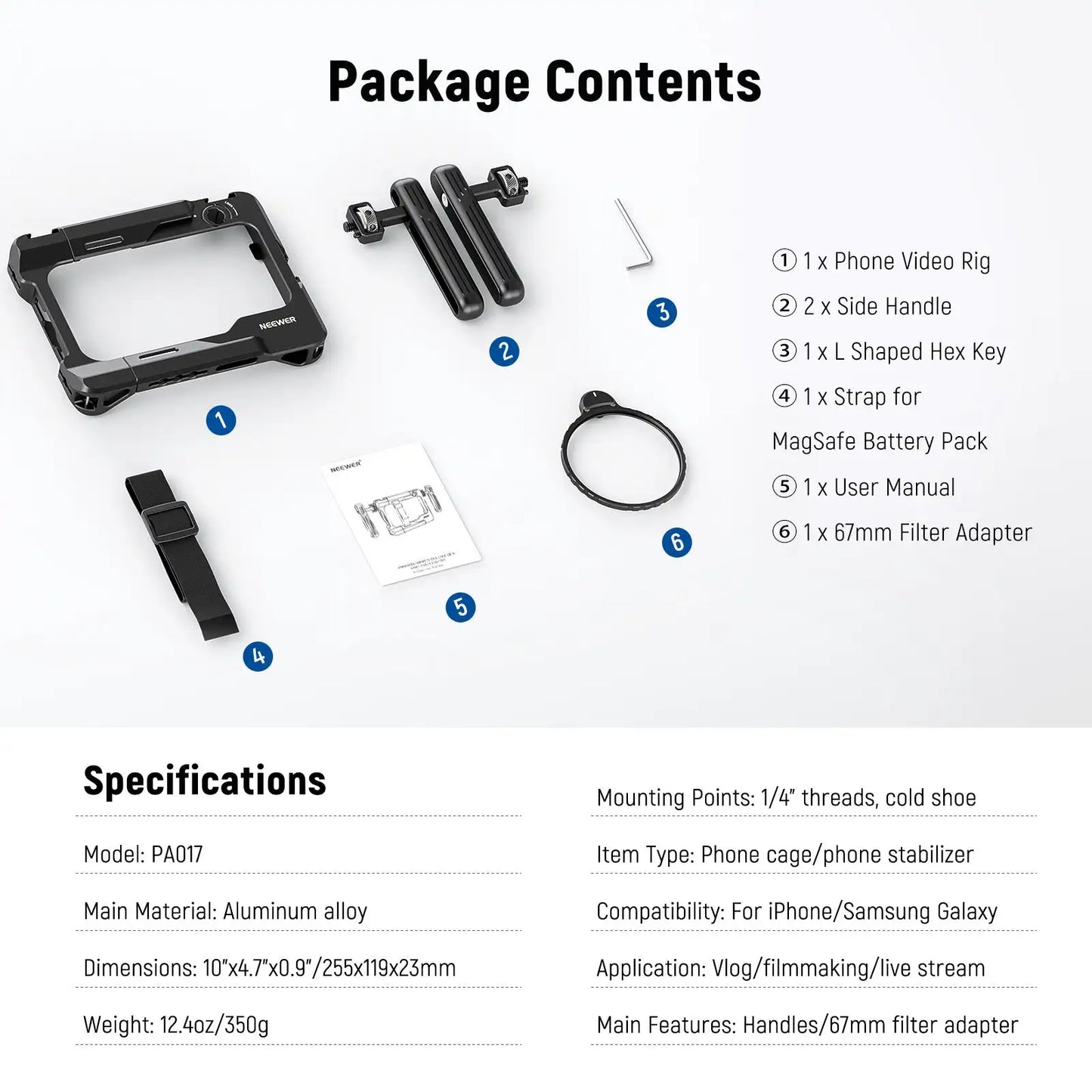 NEEWER PA017 Universal Phone Cage Video Rig Kit with Dual Side Handle 67mm Filter Adapter for iPhone Sumsang Galaxy Huawei Redmi