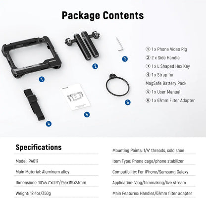 NEEWER PA017 Universal Phone Cage Video Rig Kit with Dual Side Handle 67mm Filter Adapter for iPhone Sumsang Galaxy Huawei Redmi