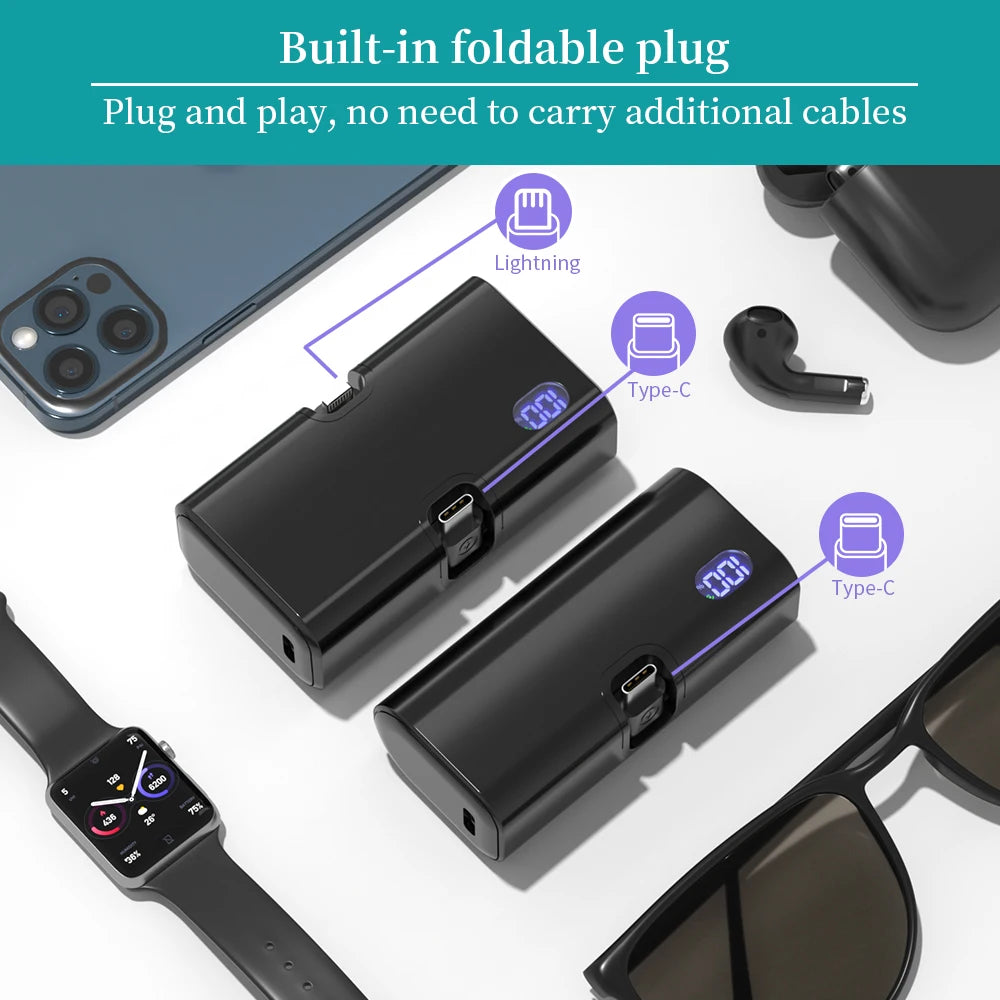 5000mAh Mini Power Bank Portable Fast Charging Type-C Lightning Dual Foldable Plug Charger for IPhone TECNO MI External Battery