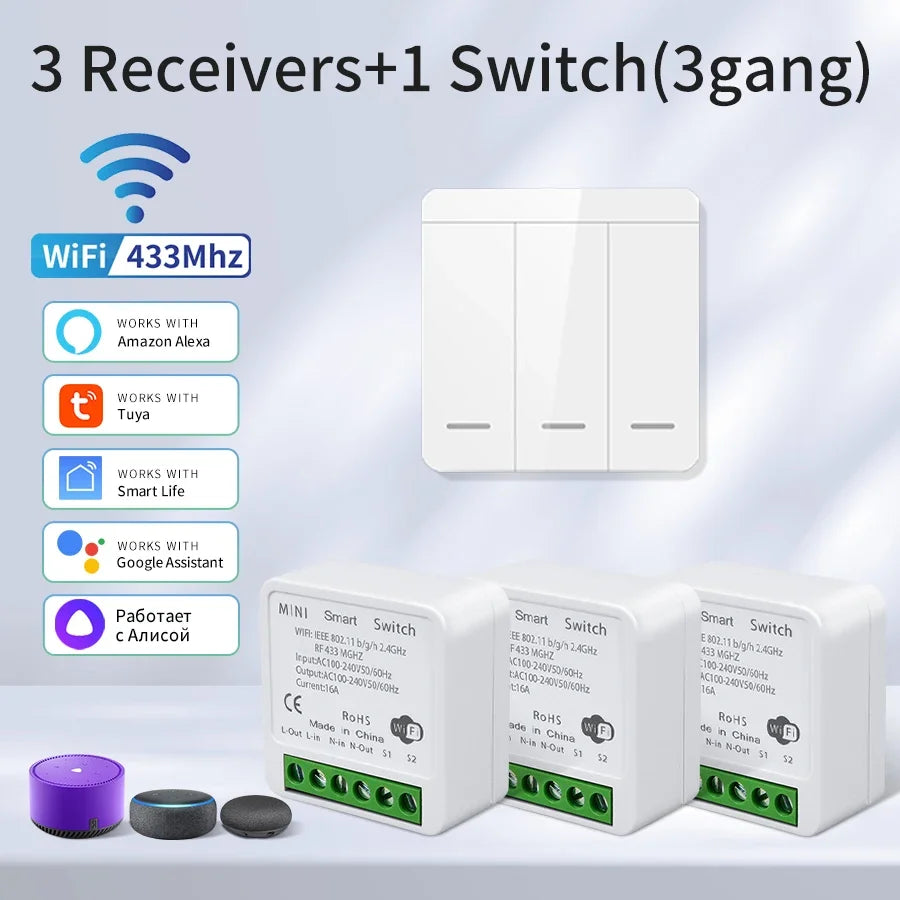 Wifi RF 433MHz Smart Switch Tuya Smart Life Remote Voice Control With Alexa Google Alice Wireless Wall Panel Switch Mini Module