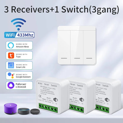 Wifi RF 433MHz Smart Switch Tuya Smart Life Remote Voice Control With Alexa Google Alice Wireless Wall Panel Switch Mini Module