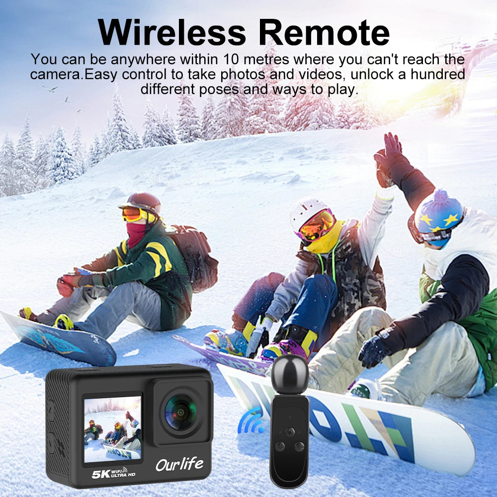 Ourlife 5K30FPS Action Camera 2.0'' Touch LCD 170° DVR 30M Waterproof Remote Control 5X Zoom Helmet WiFi 4K60FPS Sport Camera