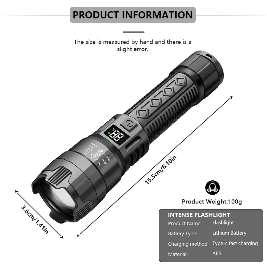 High Power LED Flashlight - USB Rechargeable 1000LM, Zoomable Multifunctional Torch for Outdoor Camping,Emergency (Waterproof)