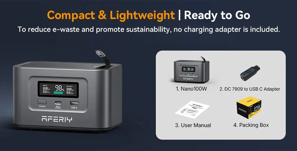 AFERIY Nano100 Portable Power Station, 100W 99.2Wh, Telescopic Type-C Cable, 1.5h Full Charge, 3000+ Cycles LiFePO₄ Battery