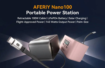 AFERIY Nano100 Portable Power Station, 100W 99.2Wh, Telescopic Type-C Cable, 1.5h Full Charge, 3000+ Cycles LiFePO₄ Battery