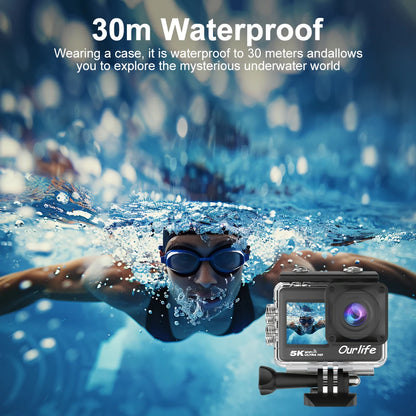 Ourlife 5K30FPS Action Camera 2.0'' Touch LCD 170° DVR 30M Waterproof Remote Control 5X Zoom Helmet WiFi 4K60FPS Sport Camera