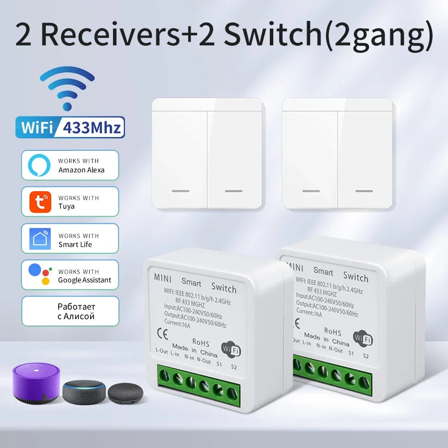 Wifi RF 433MHz Smart Switch Tuya Smart Life Remote Voice Control With Alexa Google Alice Wireless Wall Panel Switch Mini Module